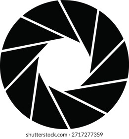 Símbolo negro del obturador de la apertura, diseño radial geométrico, icono de la Fotografía, forma de la lente de la cámara, logotipo óptico abstracto, Ilustración vectorial, arte moderno de la tecnología