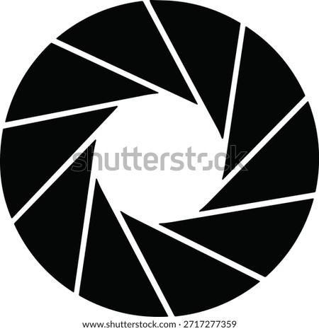 Black aperture shutter symbol, geometric radial design, photography icon, camera lens shape, abstract optical logo, vector illustration, modern tech art