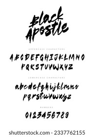 Black Apostle is a fashionable modern brush font. English alphabet and numbers drawn by hand with a brush. Lettering. Latin alphabet. Vector alphabet on a white background.