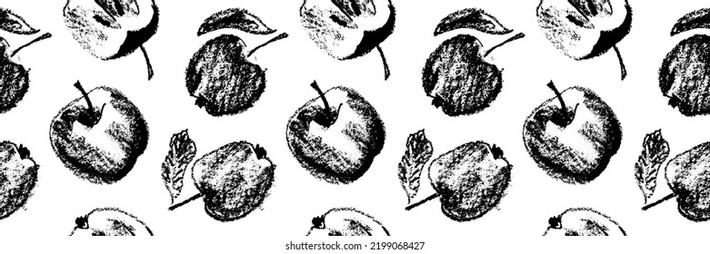 Black apple background. Vector apples seamless pattern with fruit hand drawn pencil illustration for vegan banner, juice, baby food packaging, jam label design. Monochrome fruits backdrop. Cider badge