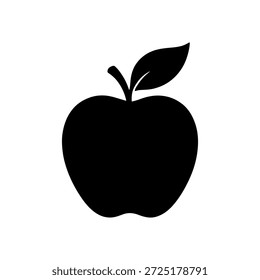 Schwarze Apfelfrucht Silhouette mit Blatt einzeln auf weißem Hintergrund Symbol