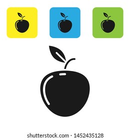 Black Apple icon isolated on white background. Fruit with leaf symbol. Set icons colorful square buttons. Vector Illustration