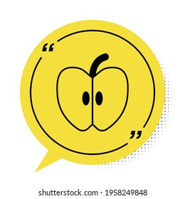 Icono de la manzana negra aislado en fondo blanco. Fruta con símbolo de hoja. Símbolo amarillo de burbuja de habla. Vector