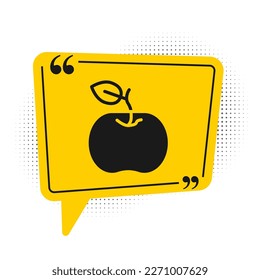 Icono de la manzana negra aislado en fondo blanco. Exceso de peso. Menú de dieta saludable. Gimnasio dieta manzana. Símbolo amarillo de burbuja de habla. Vector