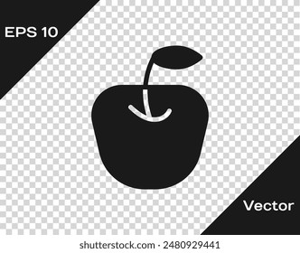 Icono de manzana negro aislado sobre fondo transparente. Fruta con símbolo de hoja.  Vector