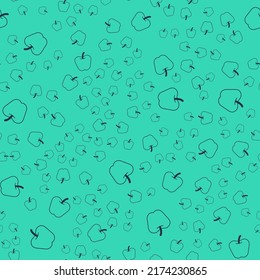 Icono de la manzana negra aislado con un patrón sin fisuras sobre fondo verde. Exceso de peso. Menú de dieta saludable. Gimnasio dieta manzana.  Vector