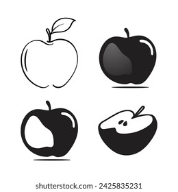 black apple silhouette design line art with different apple style full and cut in piece