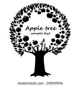Black apple tree isolated on White background. Natural background with apple tree and place for your text. Vector illustration 