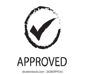Black Approved checkmark or correct tick mark in circle in brush paint stroke isolated on white background.