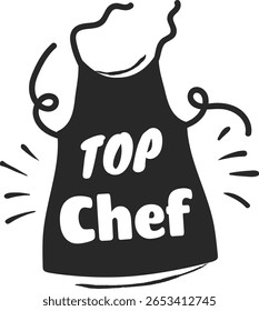 Avental preto com uma inscrição top chef, comemorando a excelência culinária e demonstrando habilidades culinárias e uma profunda paixão pela gastronomia em qualquer ambiente de cozinha