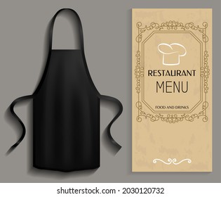 Esponja negra junto a trozo de papel con menú. Ropa para trabajar en cocina, elemento protector de ropa para cocinar. Apron para cocinar en la cocina y protección de la ropa cerca del menú del restaurante