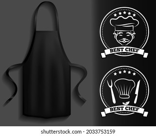 Black aprons near cooking symbols. Clothes for work in kitchen, protective element of clothing for cooking. Chef clothing with long straps. Aprons next to icons of kitchen utensil, toque