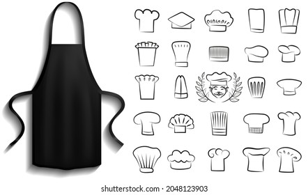 Black aprons near cooking symbols. Clothes for work in kitchen, protective element of clothing for cooking. Chef clothing with long straps. Aprons next to icons of kitchen utensil, toque