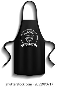 Black aprons near cooking symbols. Clothes for work in kitchen, protective element of clothing for cooking. Chef clothing with long straps. Aprons next to icons of kitchen utensil, toque