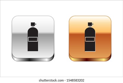 Black Aqualung icon isolated on white background. Oxygen tank for diver. Diving equipment. Extreme sport. Diving underwater equipment. Silver-gold square button. Vector Illustration
