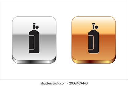 Black Aqualung icon isolated on white background. Oxygen tank for diver. Diving equipment. Extreme sport. Diving underwater equipment. Silver-gold square button. Vector
