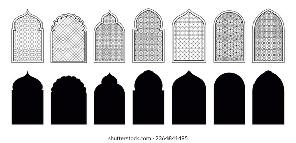 Black arab windows badge. Religious architecture islamic silhouettes, arabesque pattern. Oriental ornament window, muslim symbol racy vector shapes of religious window oriental medieval illustration