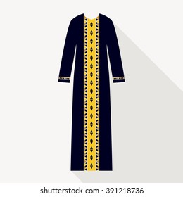 Black arabian abaya in flat style. Muslim hijab, islamic female dress.