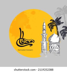 Black Arabic Calligraphy Of Ramadan Kareem With Sketching Mosque, Palm Tree On Orange And Gray Background.