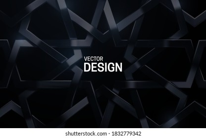 Black arabic pattern. Vector 3d illustration. Realistic woven frame. Girih ornament. Islamic geometry. Black metal vintage rosette. Decorative background for design