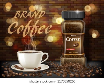 Black Arabica coffee cup with beans ads. 3d illustration of hot coffee mug. Product retro design with bokeh and brick background. Vector