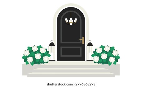 Black arched door with white hydrangea bushes and tall lanterns creates an elegant and welcoming home exterior entrance scene.