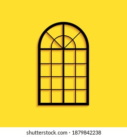 Black Arched window icon isolated on yellow background. Long shadow style. Vector.