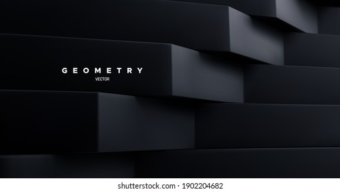 Black architectural background. Abstract geometric backdrop. Vector 3d illustration. Minimalist interior decoration. Brutal geometry. Stepped shapes