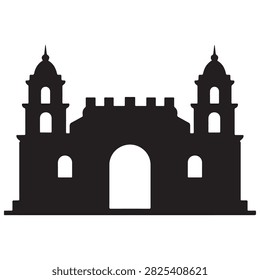 Black architectural landmark icon featuring fortress battlements, twin domes, classical government building silhouette.