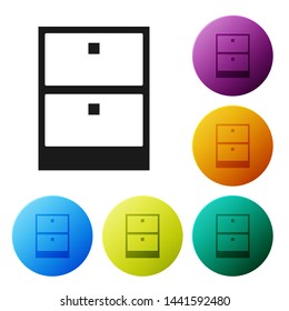 Black Archive papers drawer icon isolated on white background. Drawer with documents. File cabinet drawer. Office furniture. Set icons colorful circle buttons. Vector Illustration
