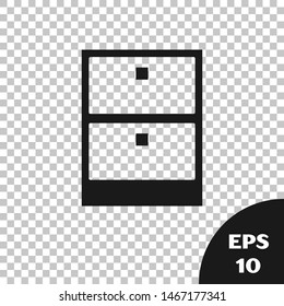 Black Archive papers drawer icon isolated on transparent background. Drawer with documents. File cabinet drawer. Office furniture.  Vector Illustration