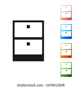 Black Archive papers drawer icon isolated on white background. Drawer with documents. File cabinet drawer. Office furniture. Set icons colorful. Vector Illustration