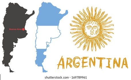 black argentina shape with red dot capital Buenos Aires, flag with shape of border and hand drawn yellow sun emblem on white background isolated vector