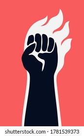 Black arm with with flames of fire silhouette on red background. Protest symbol. Concept vector illustration.