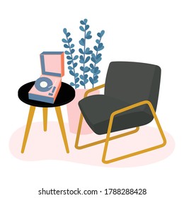 A black armchair with golden armrests stands next to a small coffee table with golden legs, on which stands a phonograph. Behind the pot is a houseplant. Vector color drawings of the interior.