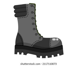 Black army boots, military shoes uniform. Military concept for army, soldiers and war. Vector cartoon isolated illustration.