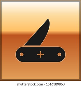 Black army knife icon isolated on gold background. Multi-tool, multipurpose penknife. Multifunctional tool.  Vector Illustration