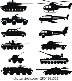 Black army transport shapes, combat machinery icons, aerial and ground weaponry.