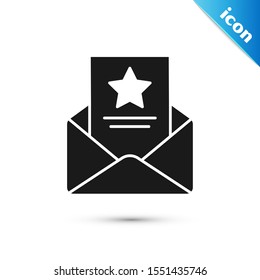 Black The arrest warrant icon isolated on white background. Police badge with document. Warrant, police report, subpoena. Justice concept.  Vector Illustration