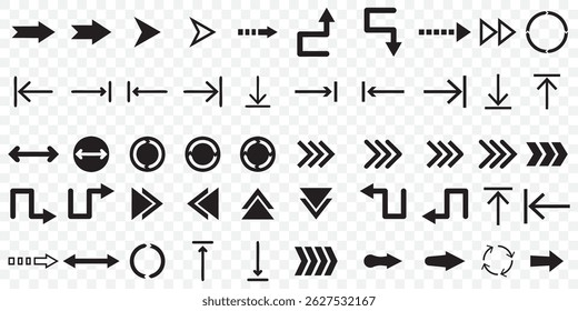 Black arrow Big set icons. Arrows set vector icons. Arrow collection .Simple cursor sign .Curved and Right arrow. Click buttons . Pointer symbol on Transparent Background. EPS 10.