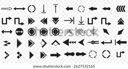 Black arrow Big set icons. Arrows set vector icons. Arrow collection .Simple cursor sign .Curved and Right arrow. Click buttons . Pointer symbol on Transparent Background. EPS 10.