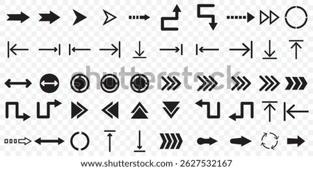Black arrow Big set icons. Arrows set vector icons. Arrow collection .Simple cursor sign .Curved and Right arrow. Click buttons . Pointer symbol on Transparent Background. EPS 10.