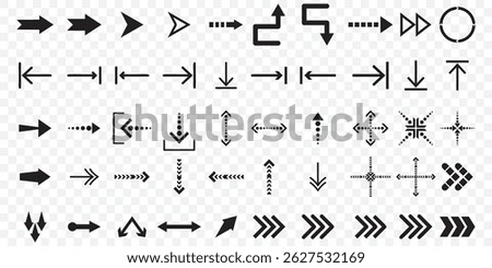 Black arrow Big set icons. Arrows set vector icons. Arrow collection .Simple cursor sign .Curved and Right arrow. Click buttons . Pointer symbol on Transparent Background. EPS 10.