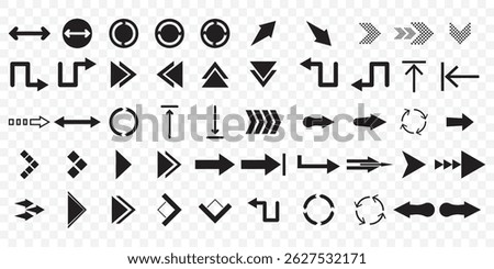 Black arrow Big set icons. Arrows set vector icons. Arrow collection .Simple cursor sign .Curved and Right arrow. Click buttons . Pointer symbol on Transparent Background. EPS 10.
