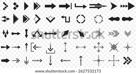 Black arrow Big set icons. Arrows set vector icons. Arrow collection .Simple cursor sign .Curved and Right arrow. Click buttons . Pointer symbol on Transparent Background. EPS 10.