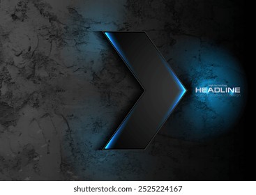 Seta preta com luz de neon azul no fundo abstrato da parede grunge escura. Design futurista vetorial