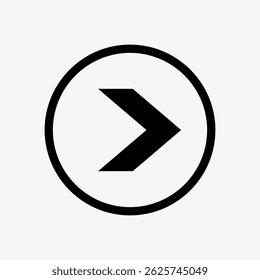 Black arrow in a circle on a white background. Simple arrow design. Minimalist symbol. Arrow pointing right. Clean  graphic. Arrow vector graphic.