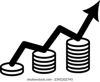 Black up arrow and coin stacks on white background. Financial success and growth concept. Replaceable vector design