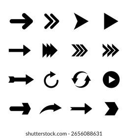 Colección de flecha negra en estilo minimalista plano sobre fondo blanco para infografías, Usos digitales, Plantillas impresas y proyectos creativos