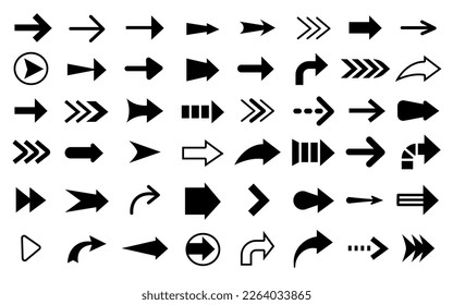 Black arrow cursor, slim indicator and directions signs. Reload icon, left right directionality elegant symbols. Isolated arrows decent vector collection